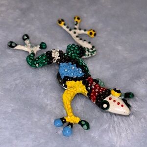 Vintage Colorful Enamel Frog Brooch Whimsical Folk Art Statement Pin Estate